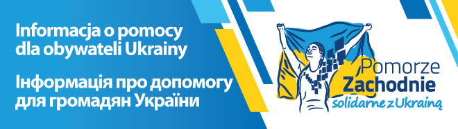 Baner z grafiką Solidarni z Ukrainą i z informacją o pomocy dla obywateli Ukrainy