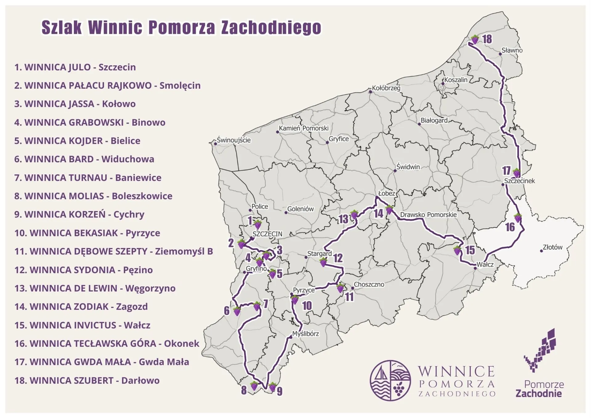 Samochodowy Szlak Winnic Pomorza Zachodniego to wyjątkowa podróż przez 18 niezwykłych winnic z regionu. To szlak punktowy, co oznacza, że można rozpocząć zwiedzanie w dowolnym miejscu, tworząc własną opowieść o smaku i krajobrazie Pomorza Zachodniego. Każdy punkt na szlaku to nie tylko spotkanie z winem, lecz także z bogatą historią, kulturą i przyrodą Pomorza Zachodniego. Warto także odwiedzić atrakcje turystyczne znajdujące się w pobliżu winnic. Winnice są położone od siebie w odległości od kilkunastu na kilkudziesięciu km.