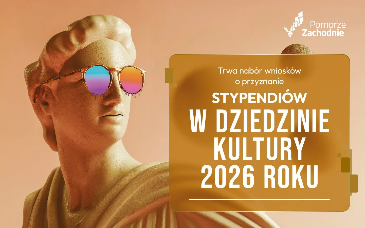 posąg antyczny w kolorowych okularach oraz informacja o naborze