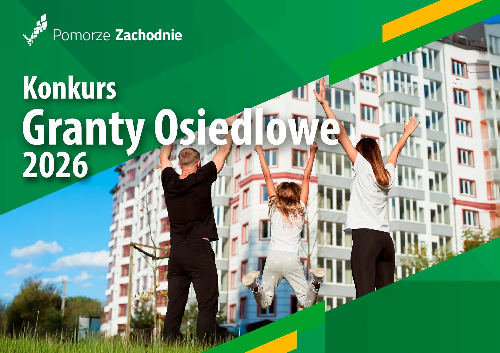 na zdjęciu wysoki blok w tle trójka osób z rękoma uniesionymi do góry, kolorystyka zielona