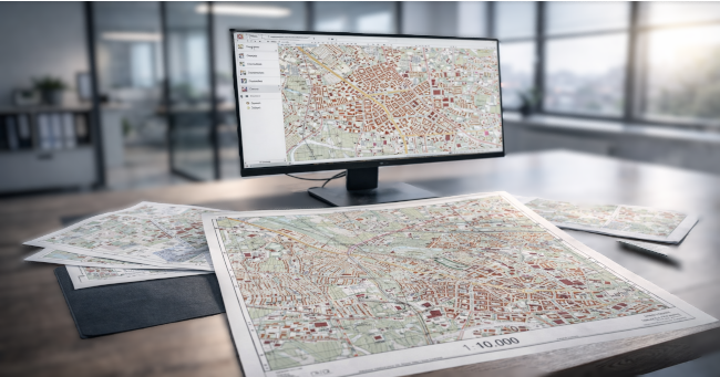 Blat biurka ze stojącym na nim monitorem i mapą papierową.