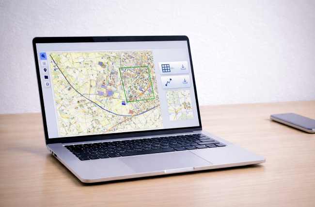 Otwarty laptop z wyświetloną mapa topograficzną.