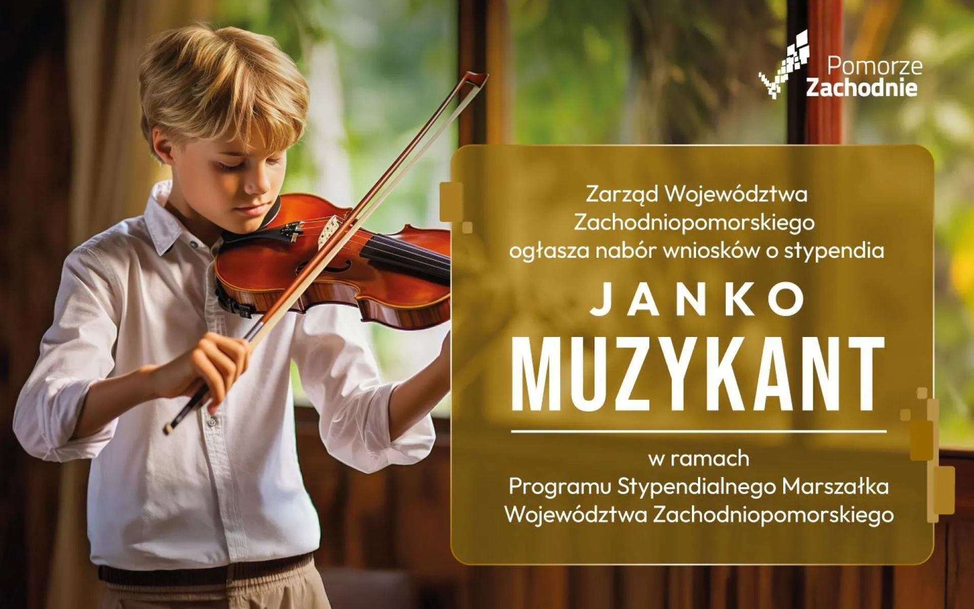 chłopiec grający na skrzypcach i informacja o naborze wniosków