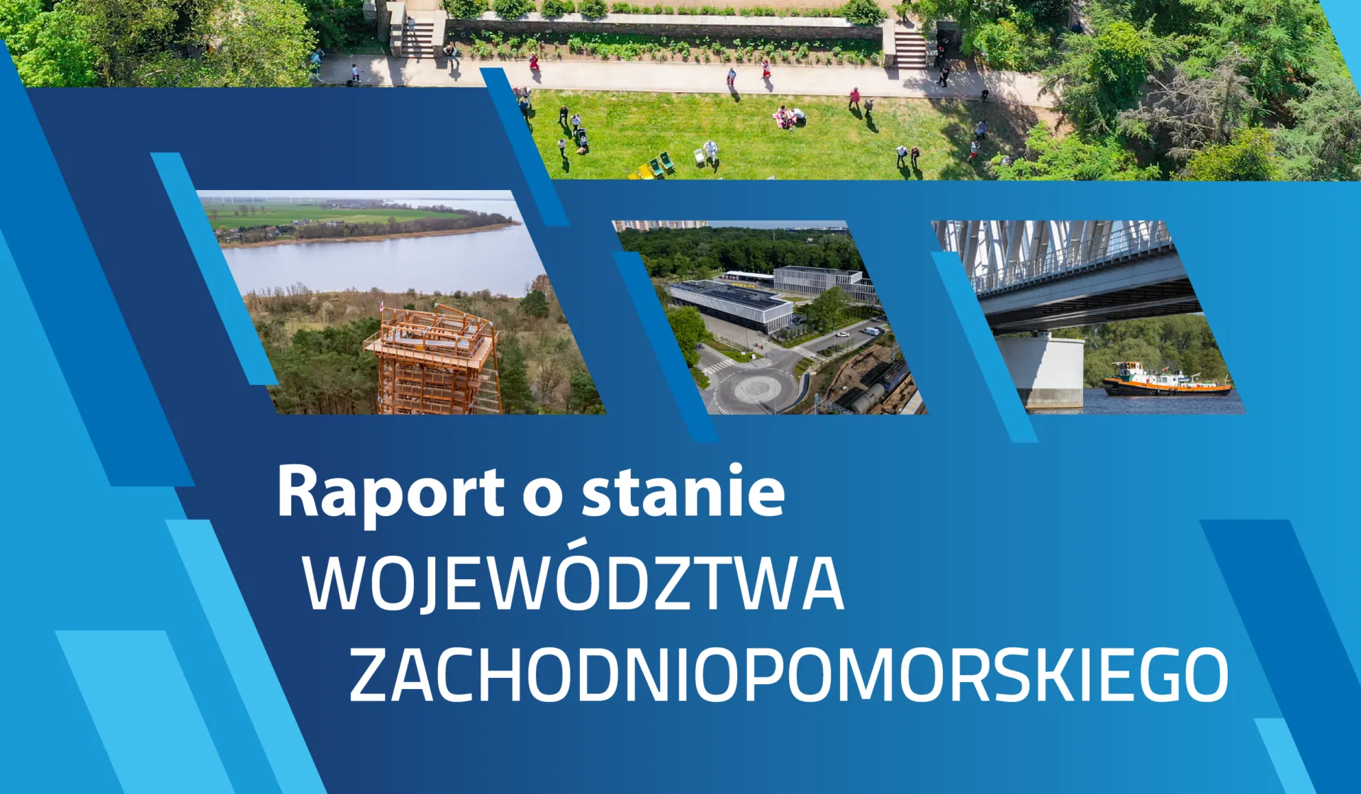 grafika wprowadzająca do tematu Raportu o stanie województwa zachodniopomorskiego. Przedstawia 4 ilustracje: - fragment ogrodu w Przelewicach - Wieże widokową w Wolinie - Wojewódzka Stacja Pogotowia Ratunkowego w Szczecinie - lodołamacz dzik na Odrze pod mostem w Podjuchach