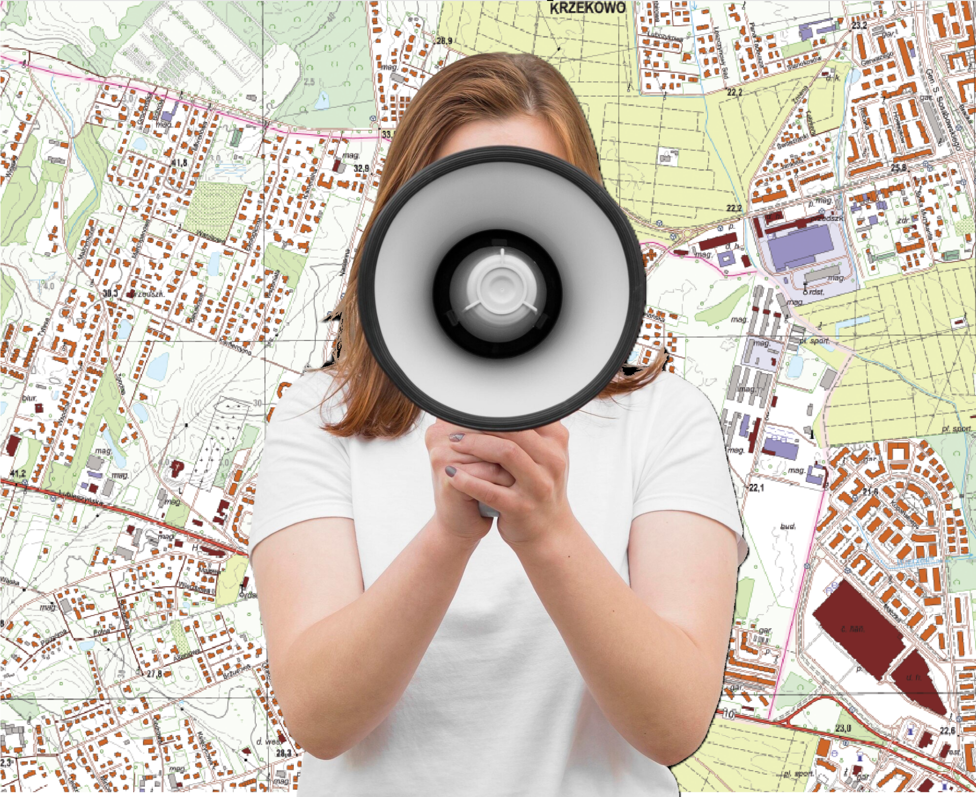 Kobieta z megafonem na tle mapy.