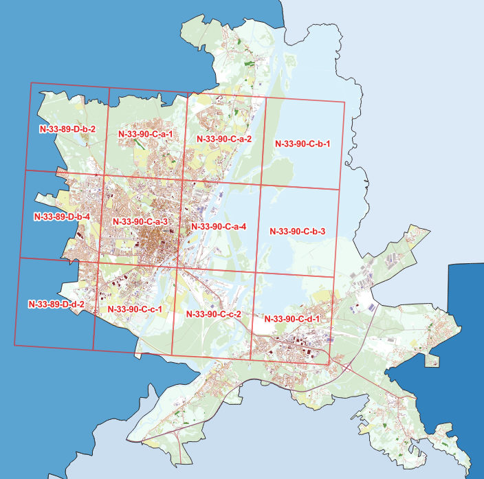 Poglądowa mapa Szczecina z siatką arkuszy map topograficznych.