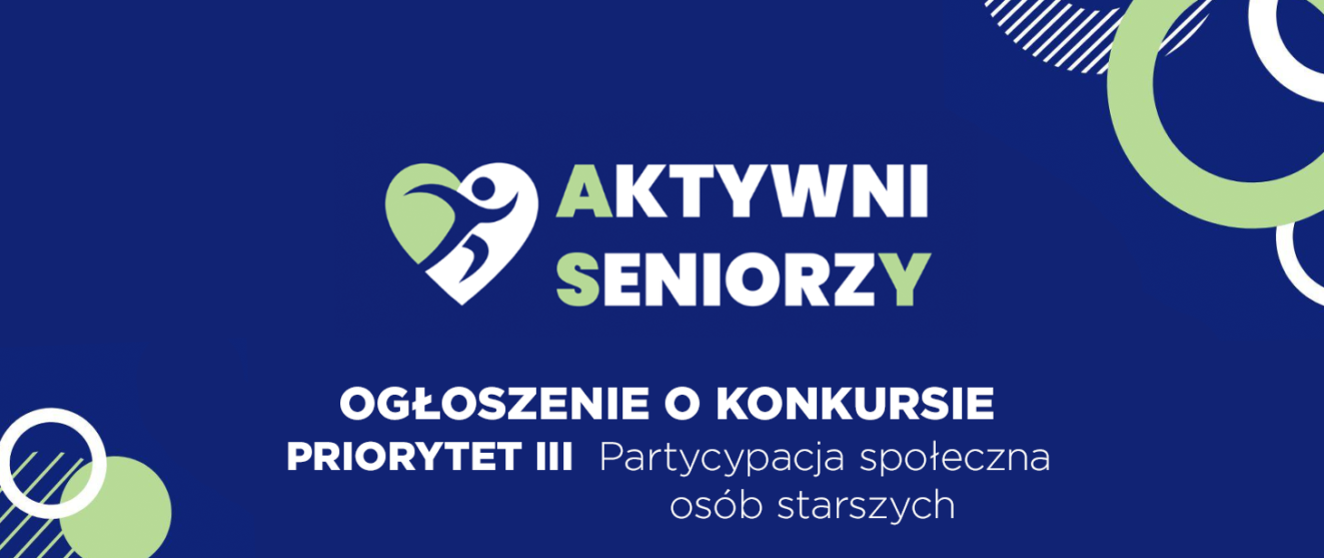 Grafika programu Aktywni Seniorzy – ASY z tytułem ogłoszenia o konkursie Priorytetu III. Na granatowym tle logo ze stylizowaną postacią w zielono‑białym sercu.