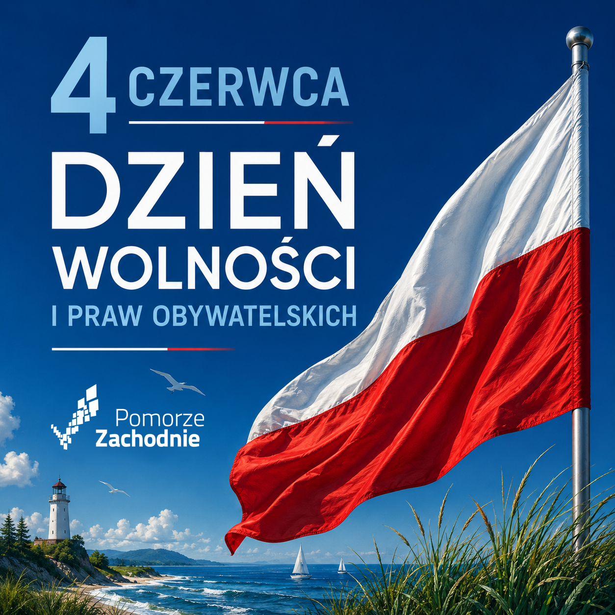 grafika z tekstem o treści 4 czerwca dzień wolności i praw obywatelskich poniżej w lewym rogu logo Pomorza Zachodniego w prawym rogu flaga biało-czerwona; w tle morze , latarnia morska, plaża oraz żaglówki.