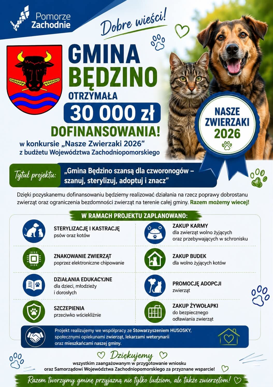 komunikat o programie sterylizacji i kastracji w tle zdjęcie psa i kota