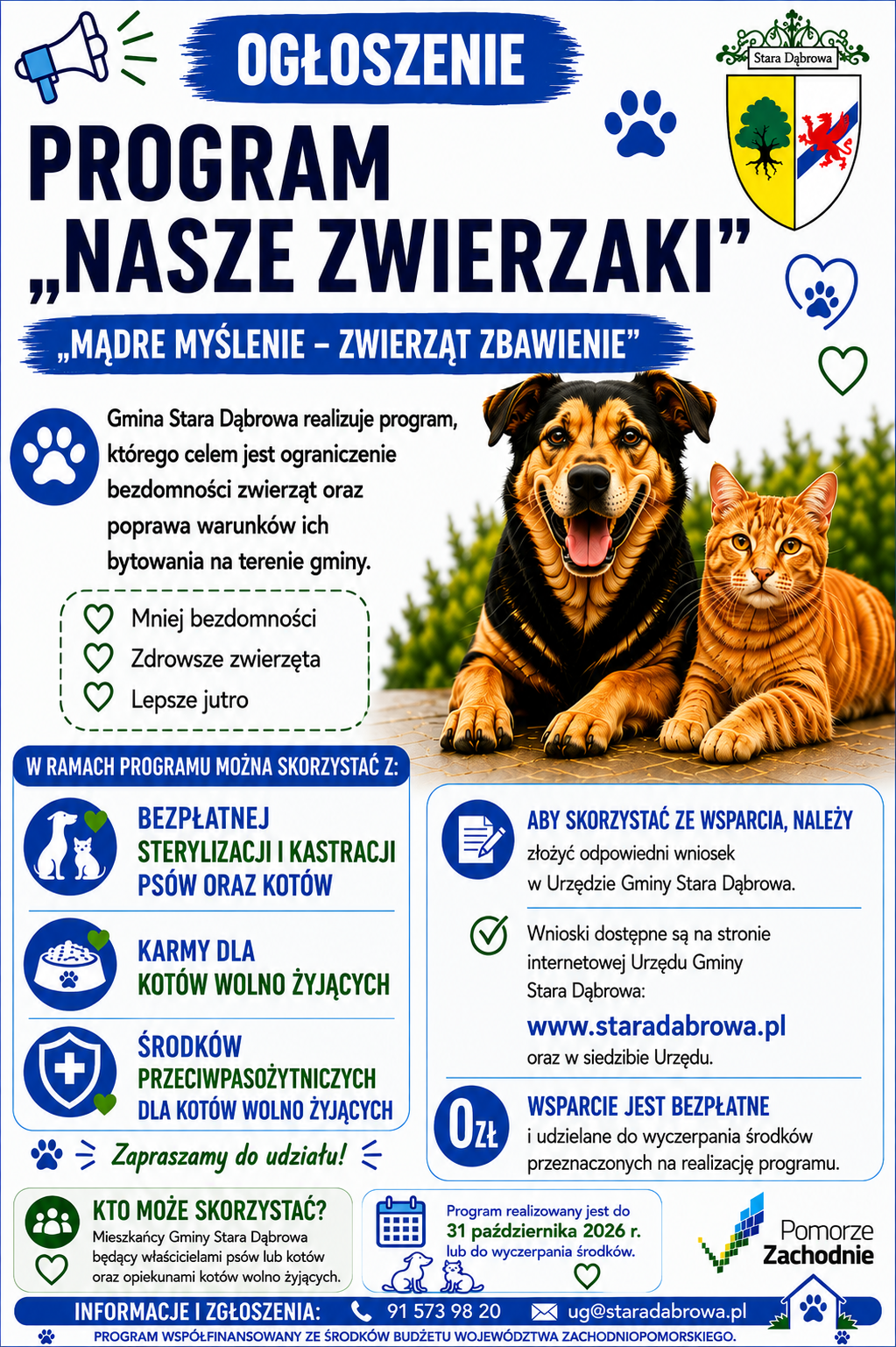 plakat z informacja o bezpłatnej sterylizacji i kastracji psów i kotów w gminie Stara Dąbrowa w tle zdjęcie psa i kota