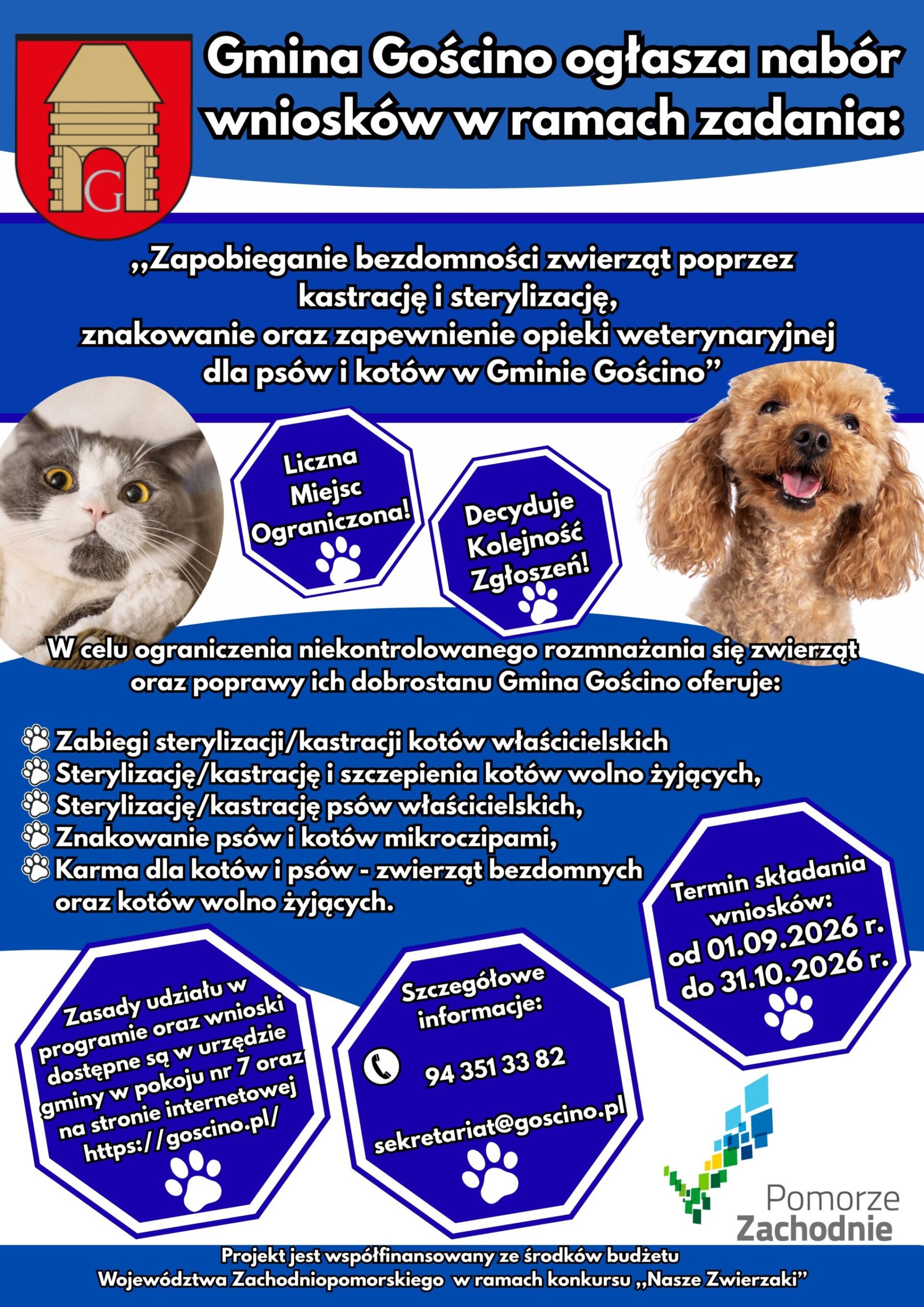 plakat z informacja o akcji bezpłatnej kastracji i sterylizacji psów oraz kotów w gminie Gościno, na zdjęciu pies i kot