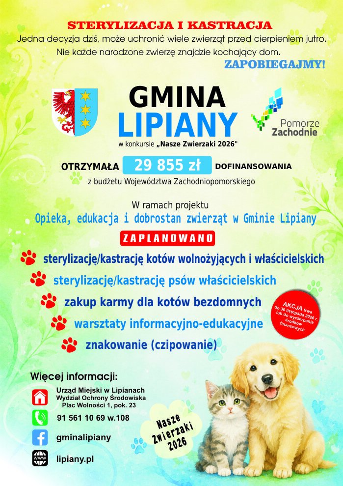 plakat z informacja o sterylizacji i kastracji psów i kotów w gminie Lipiany na zdjęciu kot i pies