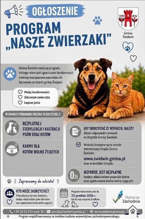 na plakacie pies i kot, informacja na plakacie dotyczy bezpłatnej sterylizacji i kastracji psów oraz kotów w gminie Świdwin