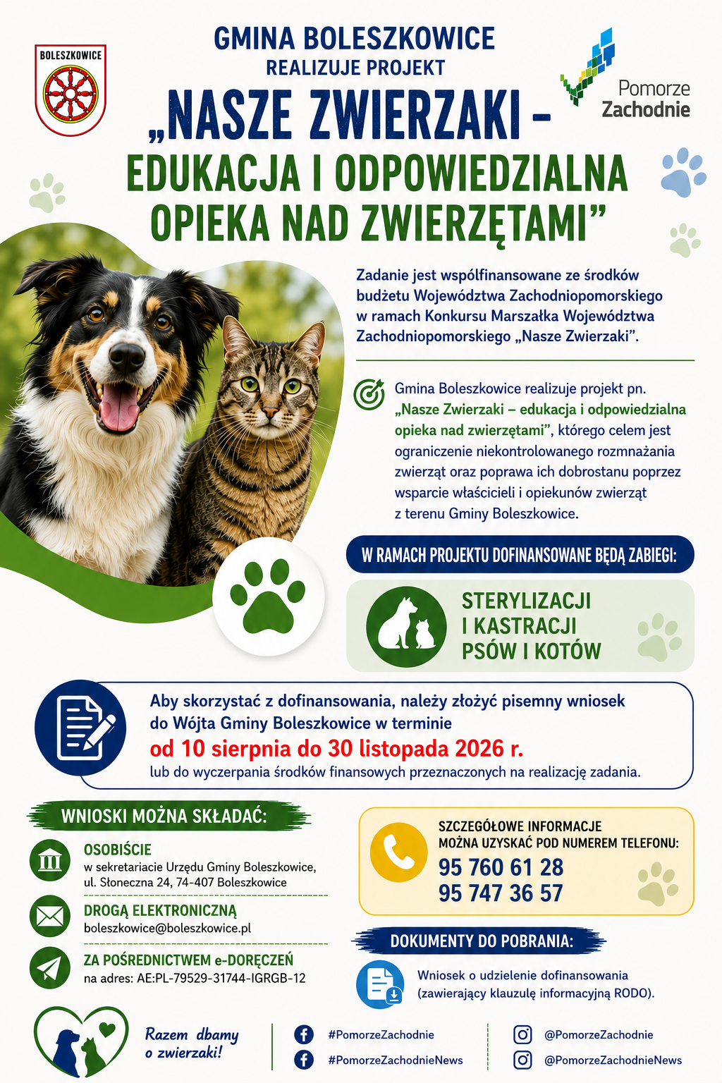 plakat z informacją o sterylizacji i kastracji psów i kotów w gminie Boleszkowice, zdjęcie kota i psa na plakacie
