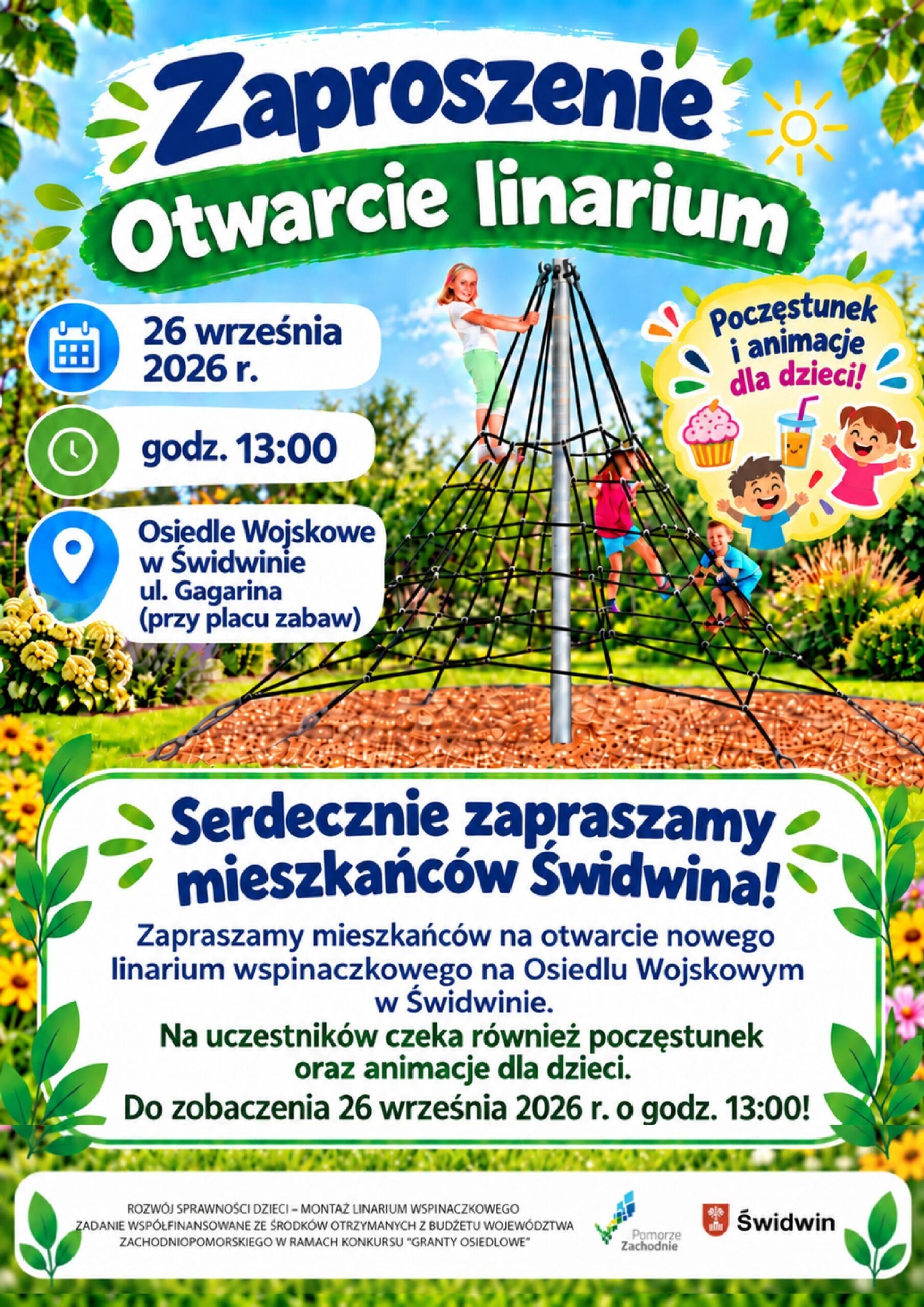 plakat z informacją o otwarciu linarium wspinaczkowego 26 września 2026 roku o godzinie 13:00 na Osiedlu Wojskowym w Świdwinie