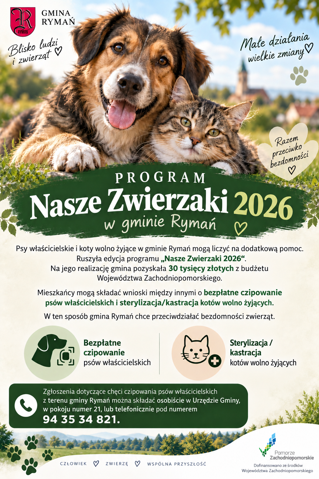 plakat z informacją o sterylizacji i kastracji kotów wolno żyjących bezpłatnym czipowaniu psów właścicielskich na zdjęciu kot i pies, plakat kolorach ciemnej zieleni, bieli i beżu