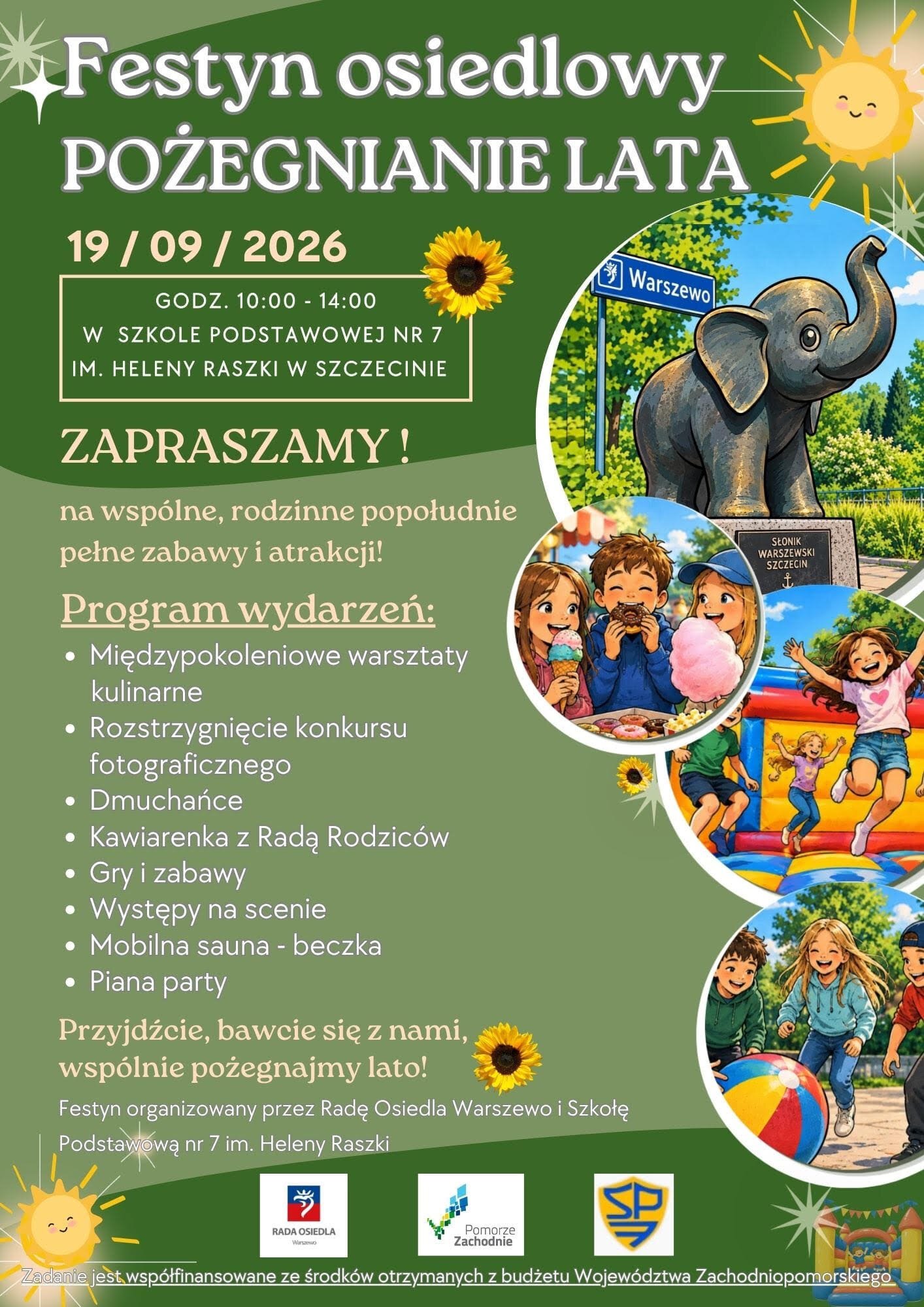 plakat w kolorze zielonym na zdjęciu słoń, wesołe dzieci bawiące się i skaczące, informacja o festynie na Warszewie w dniu 19 września 2026 r. w godzinach 10-14