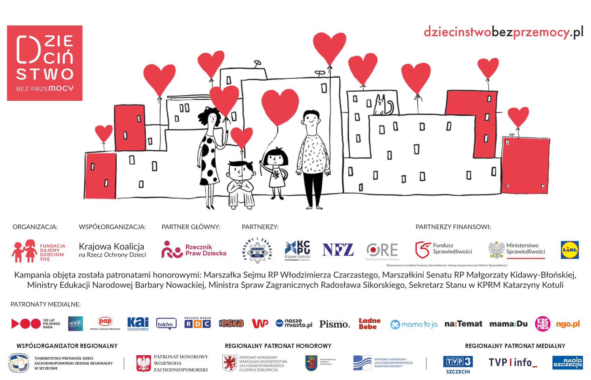 czarno biała grafika z czerwonymi elementami. Na pierwszym planie mama, tata, córka i syn, wszyscy z czerwonymi balonami w dłoniach. Na drugim planie ściana budynków, skrajne w kolorze czerwonym.