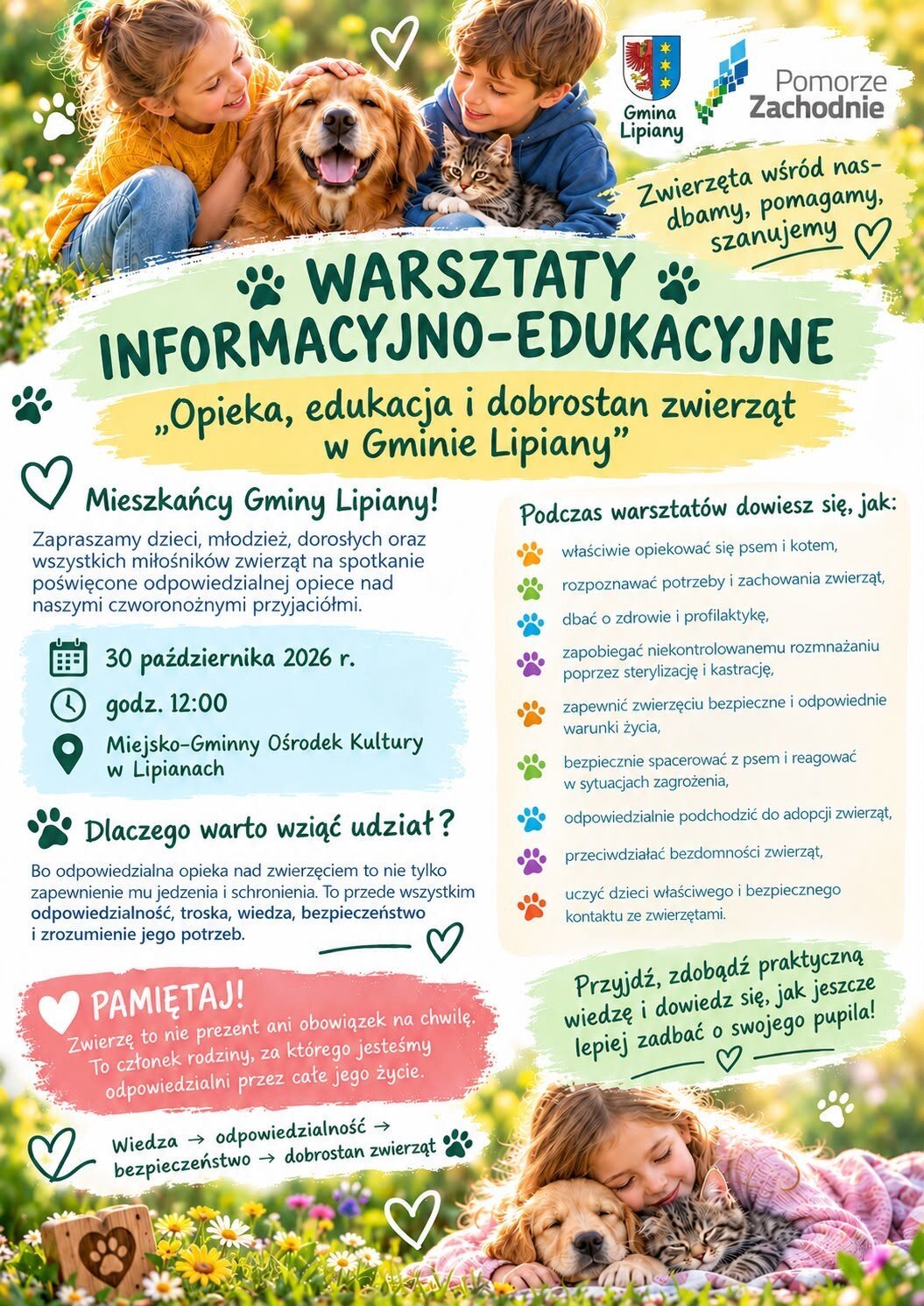 kolorowy plakat z zaproszeniem i informacja dotyczącą spotkania w Gminie Lipiany 30 października 2026 roku o godzinie 12:00 w Gminnym Ośrodku Kultury w Lipianach. Na plakacie uśmiechnięty chłopiec i dziewczynka z psem
