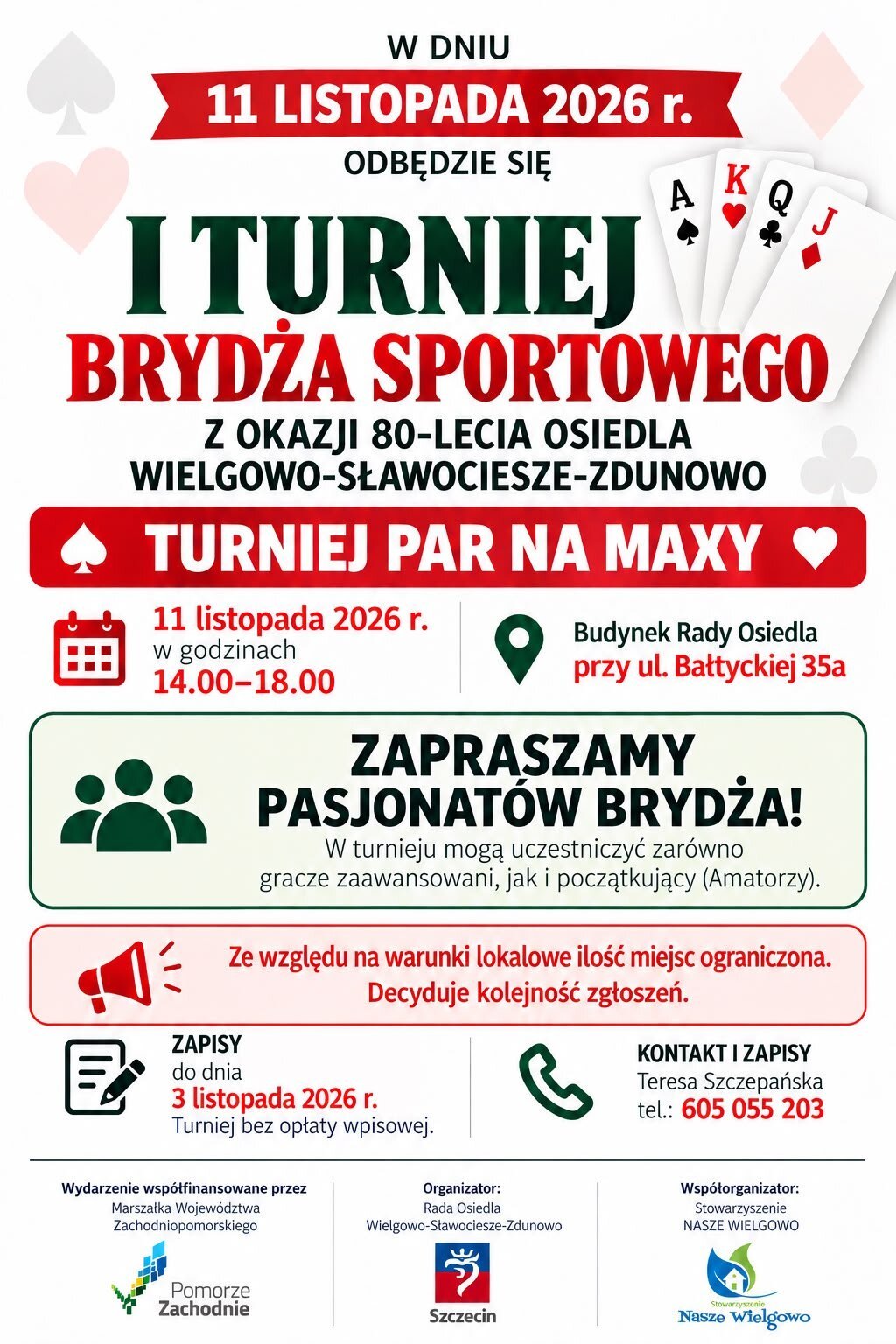 plakat z informacją o turnieu brydża sportowego 11 listopada 2026 r w Wielgowie, czcionka czarno czerwona